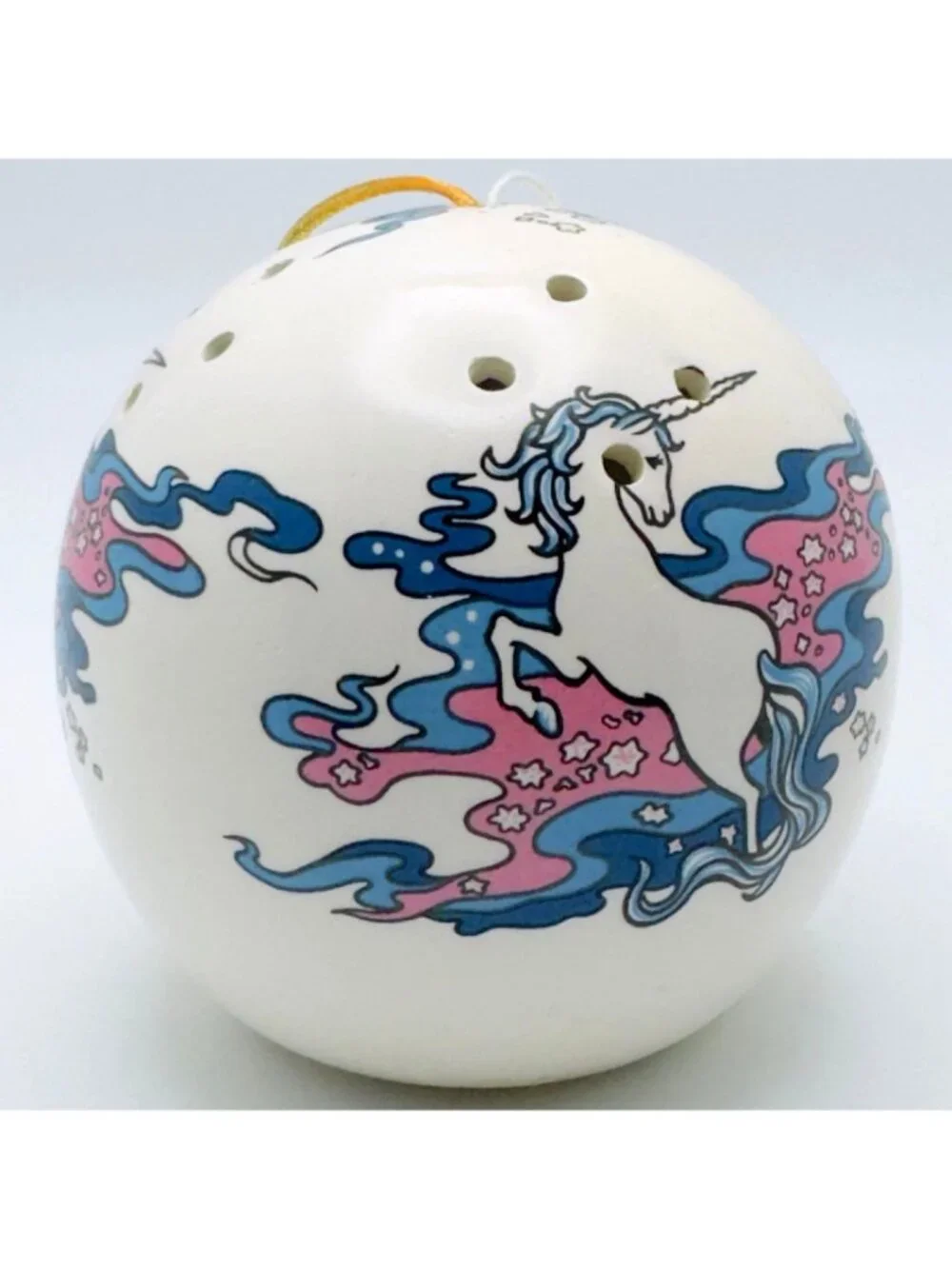 Unicorn Hand-Painted Ceramic Potpourri Ball Vtg Ornament Retro 1980s Fantasy 3